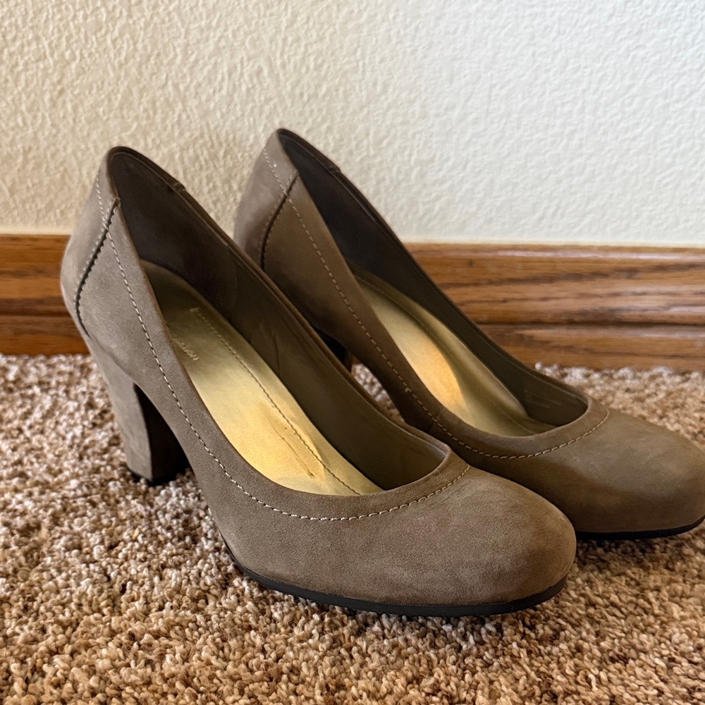BCBGeneration Taupe Suede Block Heel Pumps
